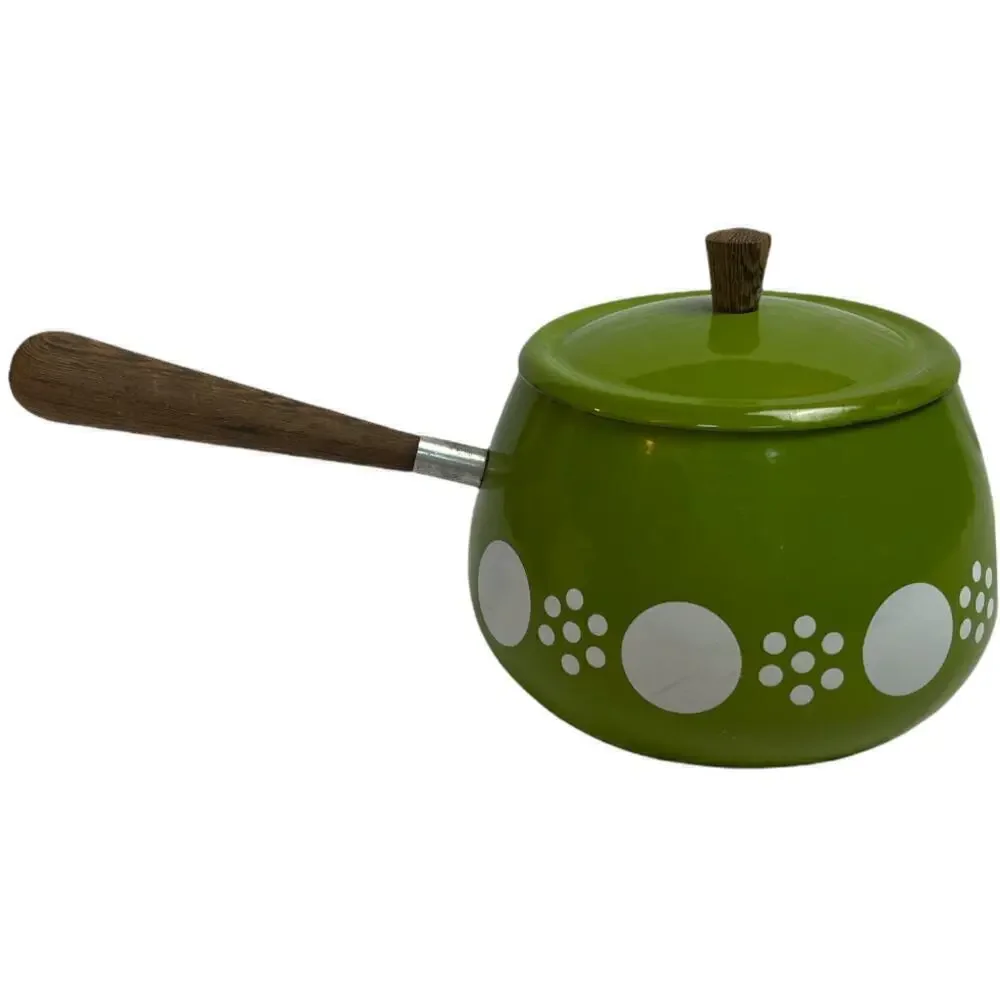 Mid Century Modern Green Circle Enamel Fondue Sauce Pot with Wood Handle & Lid